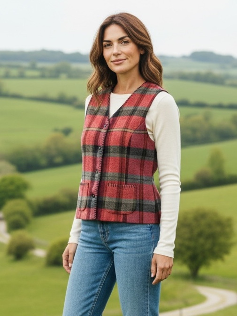 Bushwacker Red Tartan Plaid Whipstitch Edge Wool Blend Vest Large #2242